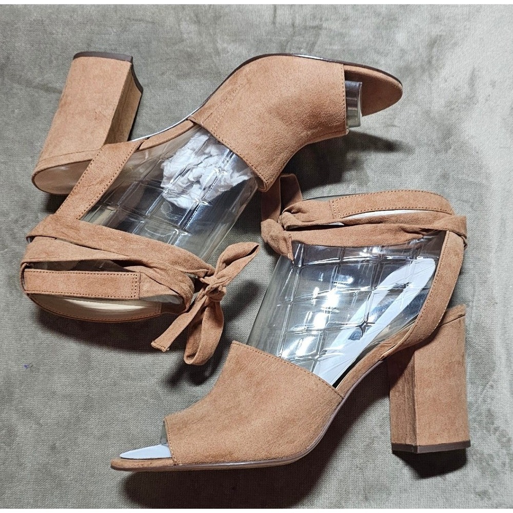 Nine West Beatriceo Tan Faux Suede Wrap Ankle Tie Block Heel Sandals Size 11M